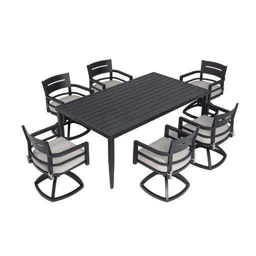 7-Piece Outdoor Patio Aluminum Furniture, Modern Dining Set, including 6 Swivel Rockers Sunbrella Fabric Cushioned and Rectangle Dining Table with Umbrella Hole, Ember Black Default -DTYStore