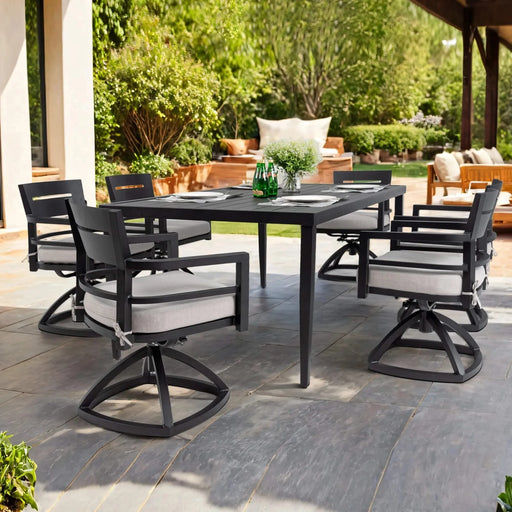 7-Piece Outdoor Patio Aluminum Furniture, Modern Dining Set, including 6 Swivel Rockers Sunbrella Fabric Cushioned and Rectangle Dining Table with Umbrella Hole, Ember Black Default -DTYStore