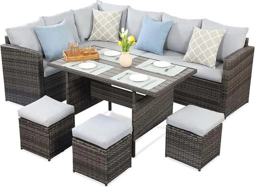 7-Pieces PE Rattan Wicker Patio Dining Sectional Cusions Sofa Set with Grey cushions Default -DTYStore