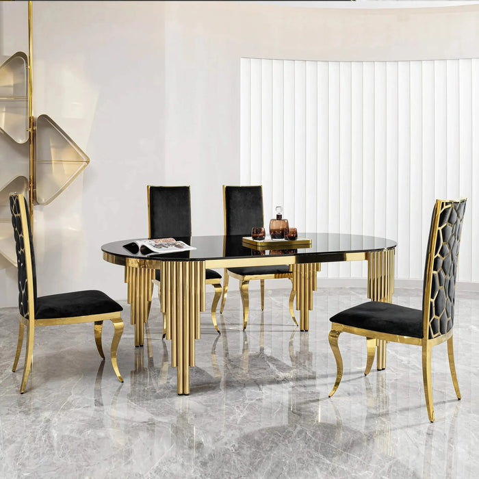 70.08 in. Oval Dining Table with Black Glass Top and Gold Stainless Steel Base, for 6 Seats Default -DTYStore