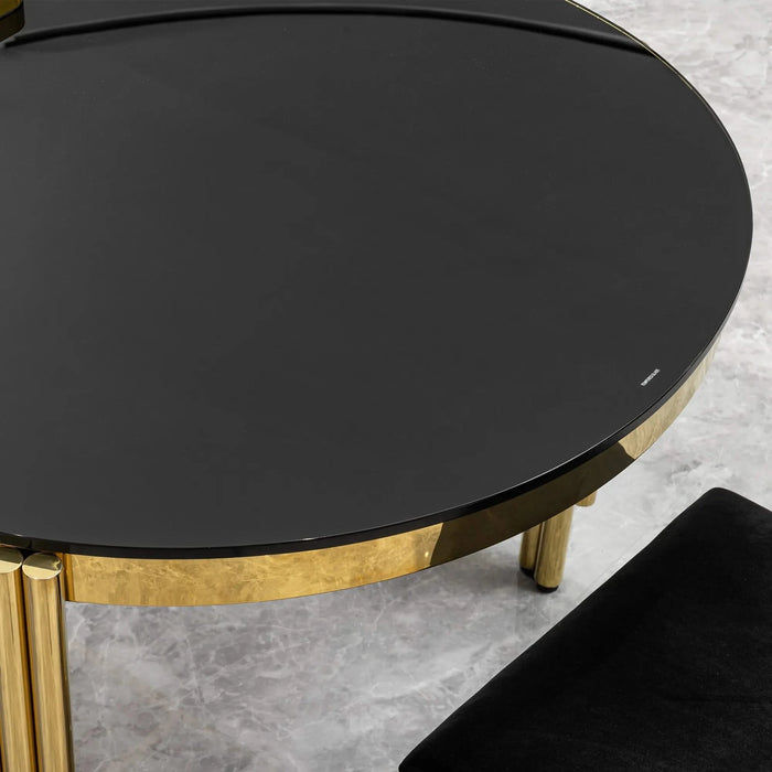 70.08 in. Oval Dining Table with Black Glass Top and Gold Stainless Steel Base, for 6 Seats Default -DTYStore