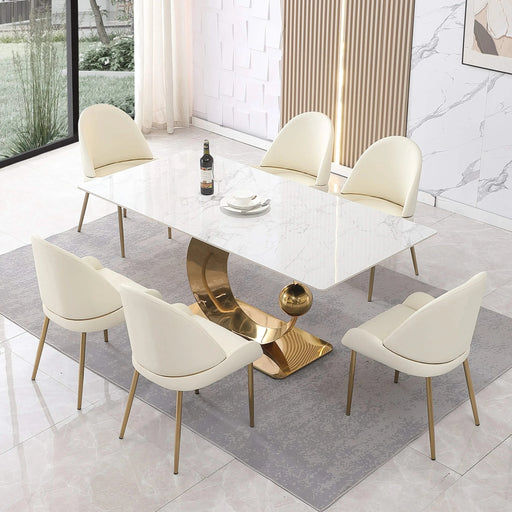 71-Inch Stone DiningTable with Carrara White color and Round special shape carbon steel Pedestal Base with 6PCS Chairs Default -DTYStore