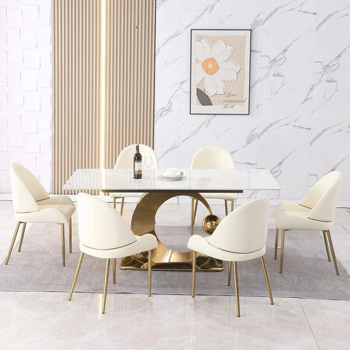 71-Inch Stone DiningTable with Carrara White color and Round special shape carbon steel Pedestal Base with 6PCS Chairs Default -DTYStore