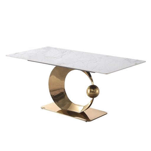 71-Inch Stone DiningTable with Carrara White color and Round special shape stainless steel Gold Pedestal Base Default -DTYStore