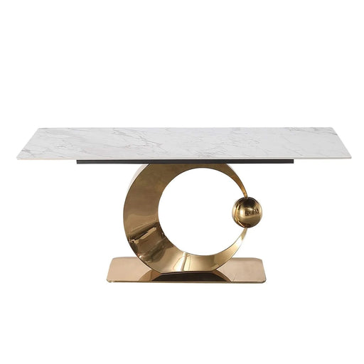 71-Inch Stone DiningTable with Carrara White color and Round special shape stainless steel Gold Pedestal Base Default -DTYStore