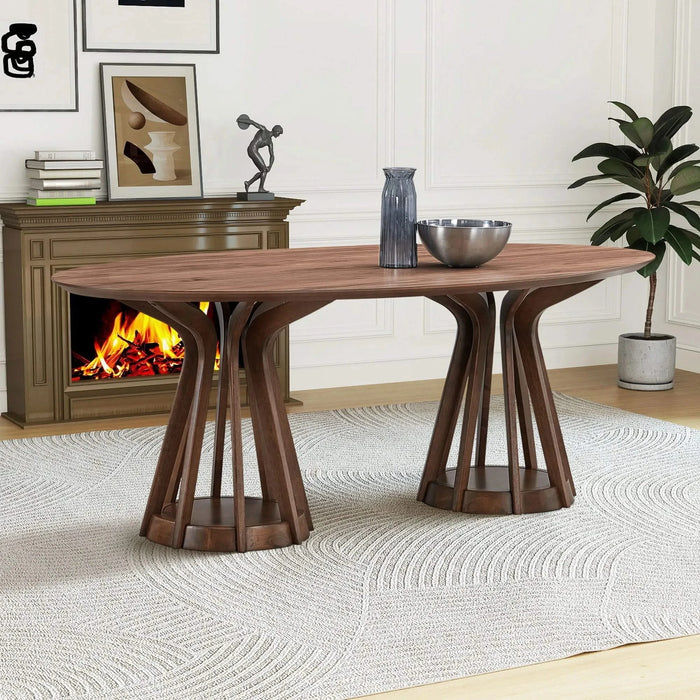 78.74 Inch Modern Dining Table Ellipse Wooden Table for Living Room,Oval MDF Table with Sturdy Pedestal for Restaurant,Walnut Default -DTYStore