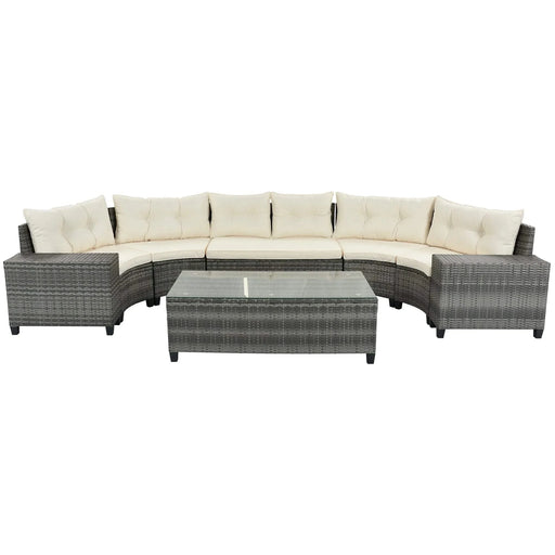 8-Piece Outdoor Wicker Round Sofa Set with Rectangular Coffee Table Default -DTYStore