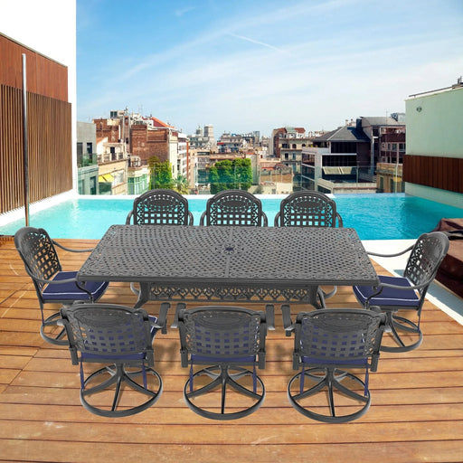 9-Piece All-Weather Cast Aluminum Dining Set, Include 8 Swivel Chairs and Rectangular Table With Black Frame Default -DTYStore