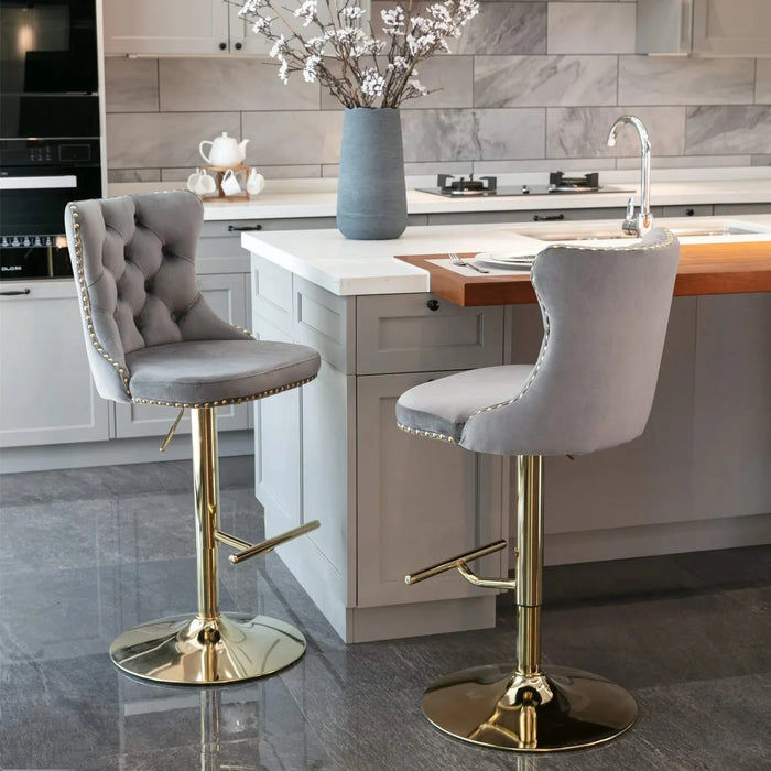 A&A Furniture,Golden Swivel Velvet Barstools Adjusatble Seat Height from 25-33 Inch, Modern Upholstered Bar Stools with Backs Comfortable Tufted for Home Pub and Kitchen Island（Gray,Set of 2） Default -DTYStore
