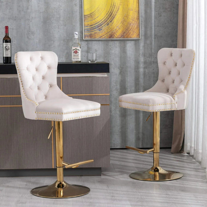 A&A Furniture,Thick Golden Swivel Velvet Barstools Adjusatble Seat Height from 27-35 Inch, Modern Upholstered Bar Stools with Backs Comfortable Tufted for Home Pub and Kitchen Island (Beige,Set of 2) Default -DTYStore