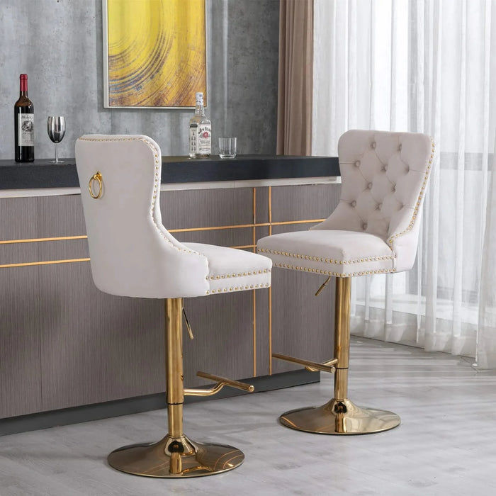 A&A Furniture,Thick Golden Swivel Velvet Barstools Adjusatble Seat Height from 27-35 Inch, Modern Upholstered Bar Stools with Backs Comfortable Tufted for Home Pub and Kitchen Island (Beige,Set of 2) Default -DTYStore