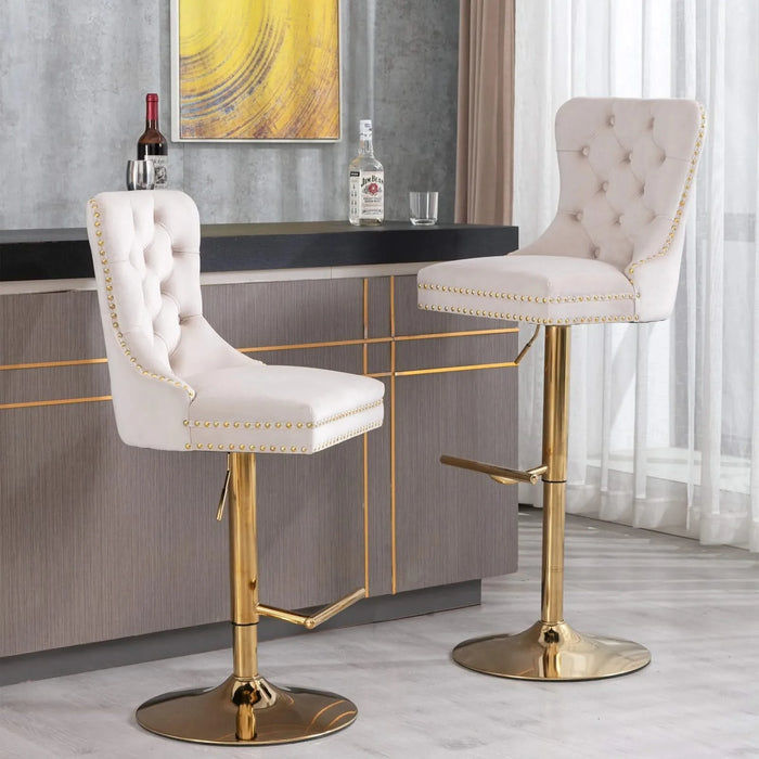 A&A Furniture,Thick Golden Swivel Velvet Barstools Adjusatble Seat Height from 27-35 Inch, Modern Upholstered Bar Stools with Backs Comfortable Tufted for Home Pub and Kitchen Island (Beige,Set of 2) Default -DTYStore