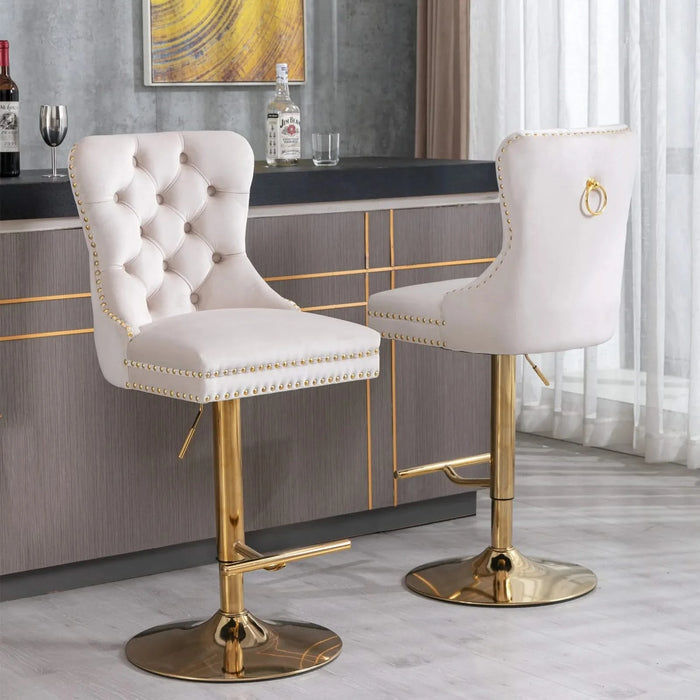 A&A Furniture,Thick Golden Swivel Velvet Barstools Adjusatble Seat Height from 27-35 Inch, Modern Upholstered Bar Stools with Backs Comfortable Tufted for Home Pub and Kitchen Island (Beige,Set of 2) Default -DTYStore