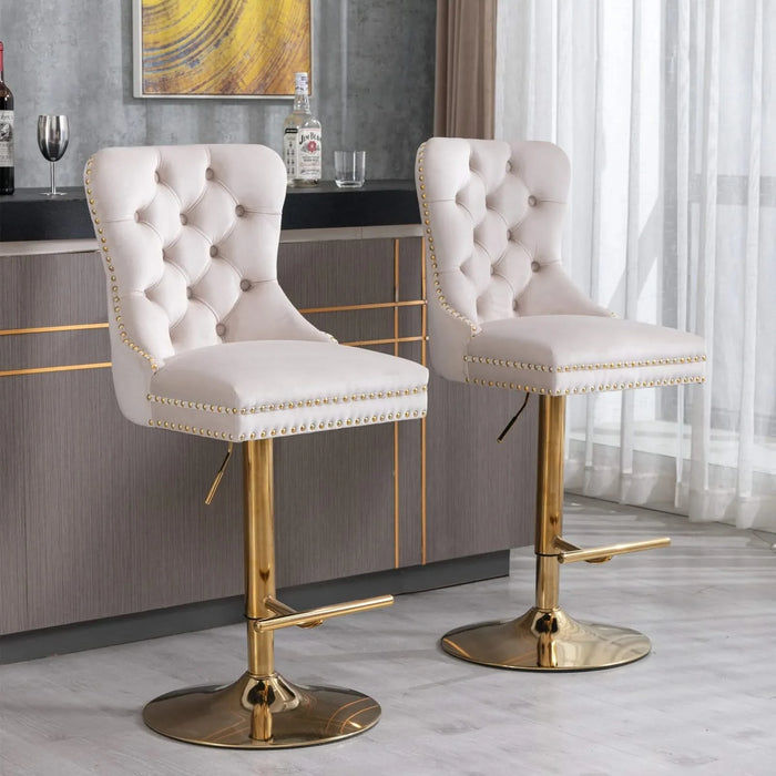 A&A Furniture,Thick Golden Swivel Velvet Barstools Adjusatble Seat Height from 27-35 Inch, Modern Upholstered Bar Stools with Backs Comfortable Tufted for Home Pub and Kitchen Island (Beige,Set of 2) Default -DTYStore