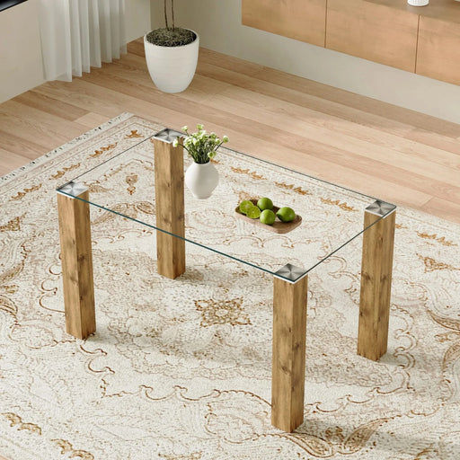A 49.6 * 30 Inch Transparent Tempered Glass Dining Table With Rectangular Wood Color MDF Wood Grain Legs, Combining Simplicity And Quality.Can Easily Blend Into Various Decoration Styles. Default -DTYStore