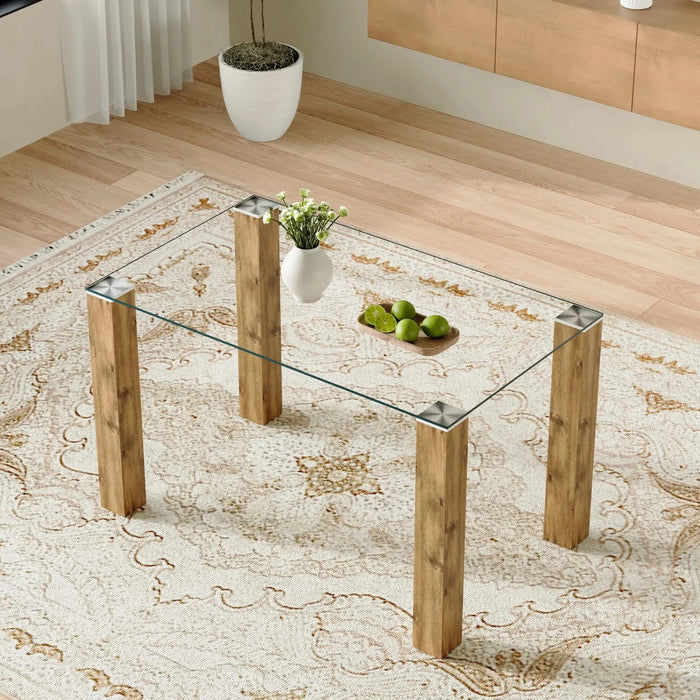 A 49.6 * 30 Inch Transparent Tempered Glass Dining Table With Rectangular Wood Color MDF Wood Grain Legs, Combining Simplicity And Quality.Can Easily Blend Into Various Decoration Styles. Default -DTYStore