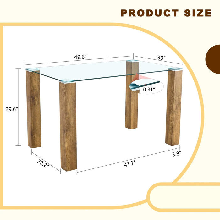 A 49.6 * 30 Inch Transparent Tempered Glass Dining Table With Rectangular Wood Color MDF Wood Grain Legs, Combining Simplicity And Quality.Can Easily Blend Into Various Decoration Styles. Default -DTYStore
