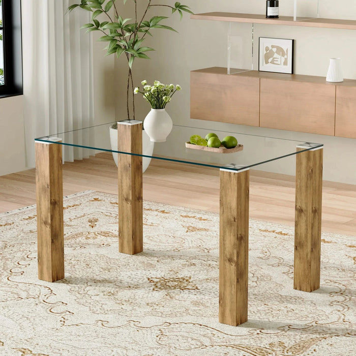 A 49.6 * 30 Inch Transparent Tempered Glass Dining Table With Rectangular Wood Color MDF Wood Grain Legs, Combining Simplicity And Quality.Can Easily Blend Into Various Decoration Styles. Default -DTYStore