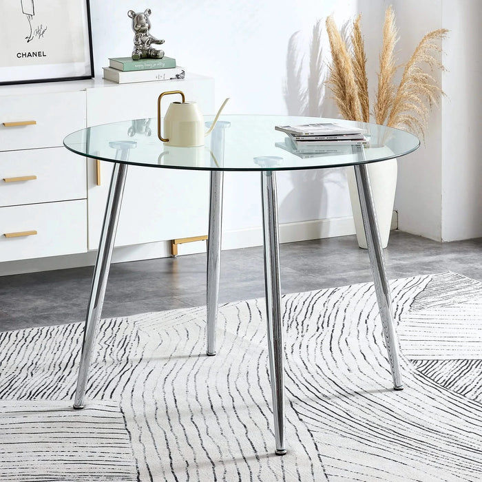 A glass tabletop with a diameter of 38.6 inches and a modern minimalist circular dining table with silver metal legs.Suitable for living rooms, and conference rooms. Default -DTYStore