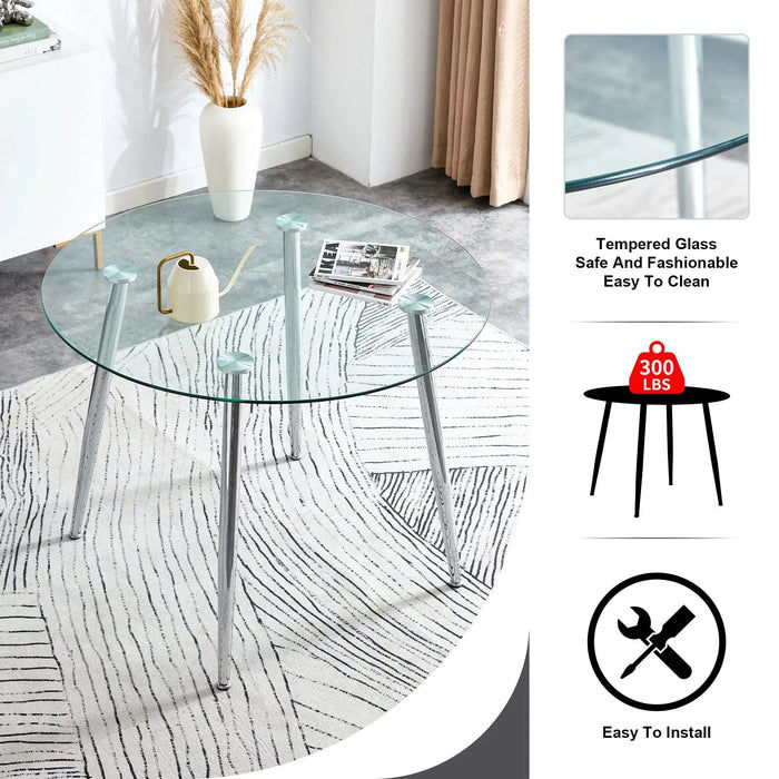 A glass tabletop with a diameter of 38.6 inches and a modern minimalist circular dining table with silver metal legs.Suitable for living rooms, and conference rooms. Default -DTYStore