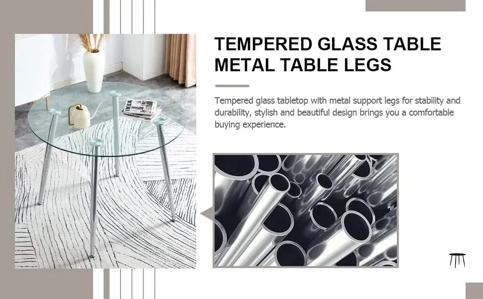 A glass tabletop with a diameter of 38.6 inches and a modern minimalist circular dining table with silver metal legs.Suitable for living rooms, and conference rooms. Default -DTYStore