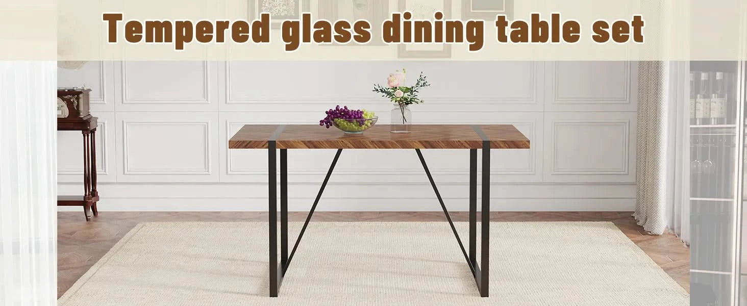 A minimalist retro rectangular dining table with a specially textured top and black metal legs.Contemporary Minimalist MDF Dark Wood Textured Tabletop.Able To Give People A Visual Beauty With Rules. Default -DTYStore