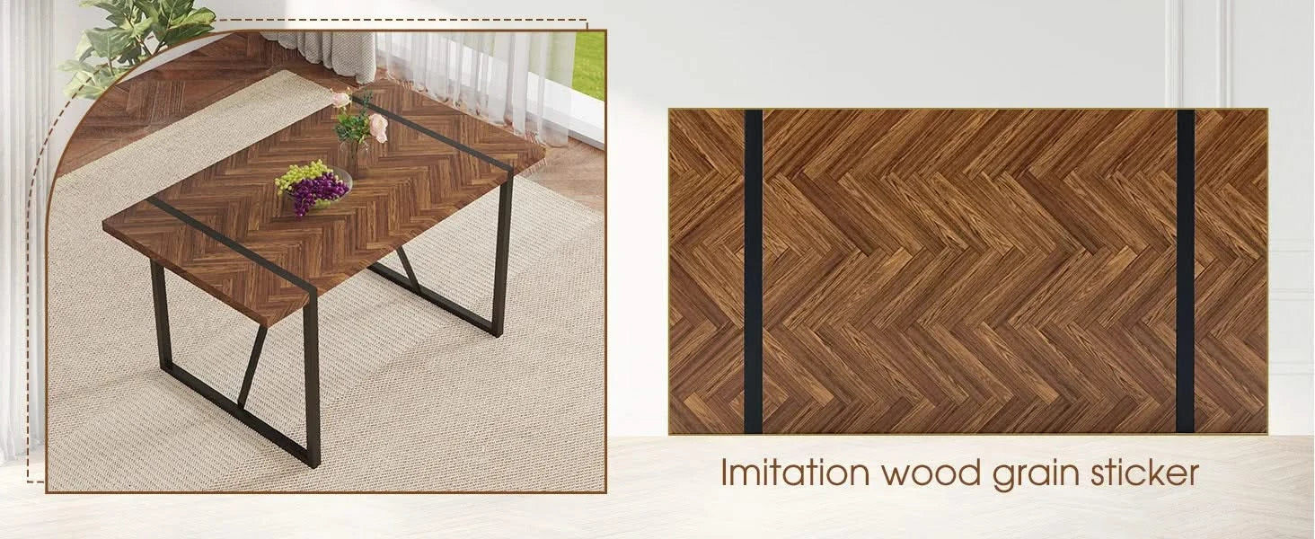 A minimalist retro rectangular dining table with a specially textured top and black metal legs.Contemporary Minimalist MDF Dark Wood Textured Tabletop.Able To Give People A Visual Beauty With Rules. Default -DTYStore