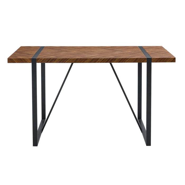 A minimalist retro rectangular dining table with a specially textured top and black metal legs.Contemporary Minimalist MDF Dark Wood Textured Tabletop.Able To Give People A Visual Beauty With Rules. Default -DTYStore