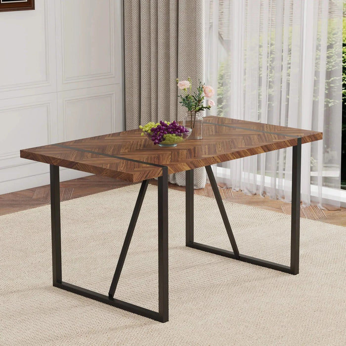 A minimalist retro rectangular dining table with a specially textured top and black metal legs.Contemporary Minimalist MDF Dark Wood Textured Tabletop.Able To Give People A Visual Beauty With Rules. Default -DTYStore