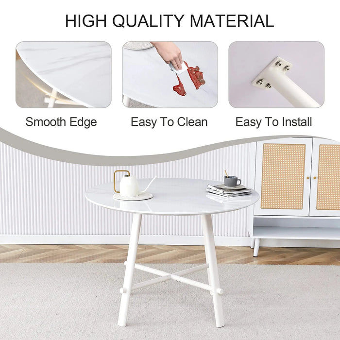 A modern minimalist circular dining table with a 42 inch diameter white patterned tabletop and white metal legs. Suitable for restaurants, living rooms, and conference rooms. Default -DTYStore