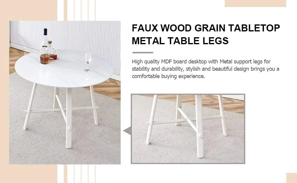 A modern minimalist circular dining table with a 42 inch diameter white patterned tabletop and white metal legs. Suitable for restaurants, living rooms, and conference rooms. Default -DTYStore