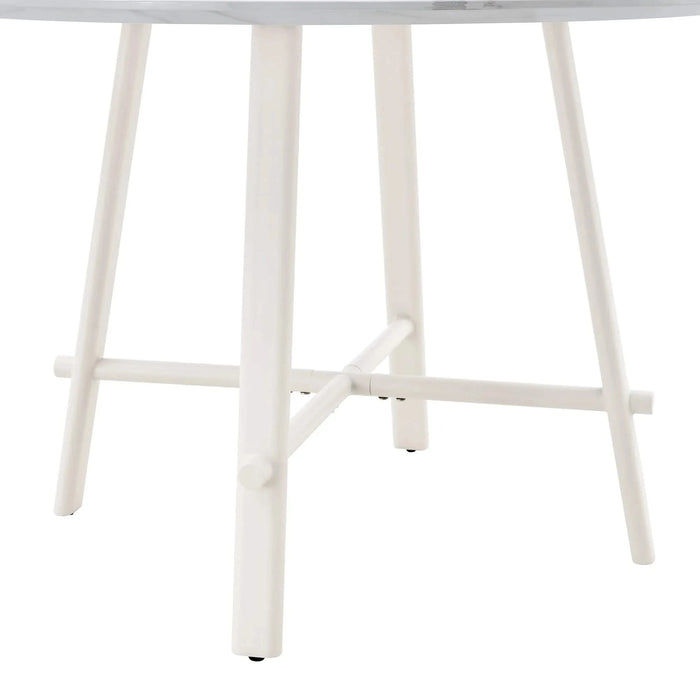 A modern minimalist circular dining table with a 42 inch diameter white patterned tabletop and white metal legs. Suitable for restaurants, living rooms, and conference rooms. Default -DTYStore