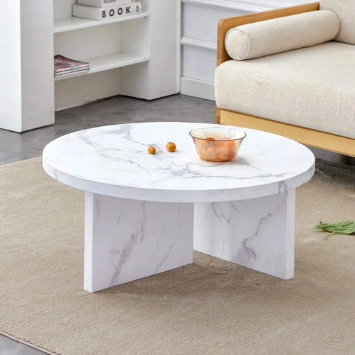 A white MDF material circular patterned coffee table, a 31.4-inch white center table, modern coffee table, suitable for small spaces and living rooms. Default -DTYStore