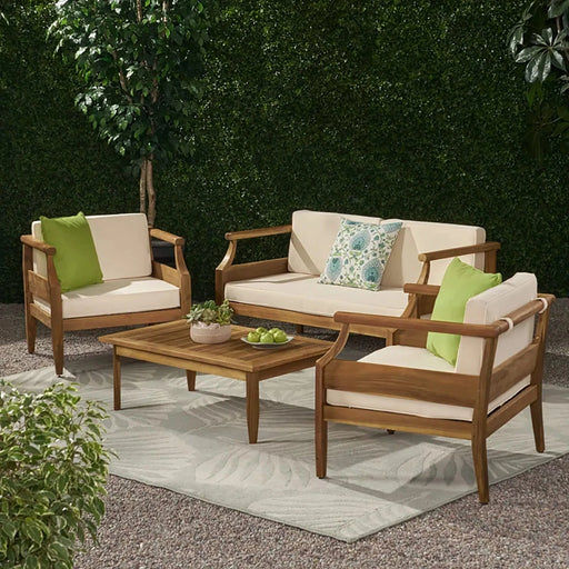 Alluvion Teak 4-Piece Wood Outdoor Patio Conversation Set with Cream Cushions Default -DTYStore