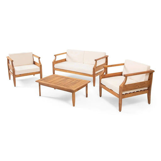 Alluvion Teak 4-Piece Wood Outdoor Patio Conversation Set with Cream Cushions Default -DTYStore