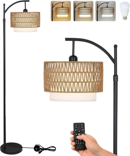 Arc Floor Lamp for Living Room with 3 Color Temperatures, Farmhouse Floor Lamps with Remote & Dimmable Bulb, Boho Standing Lamp with Rattan & Fabric Shades, Adjustable Tall Lamp for Bedroom, Office Default -DTYStore