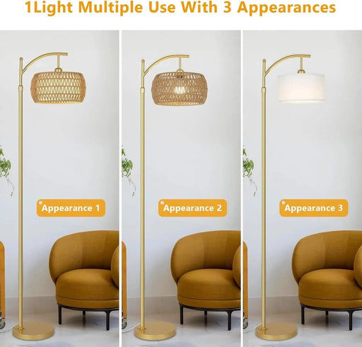 Arc Floor Lamp with 3 Color Temperatures, LED Gold Floor Lamp with Remote & Stepless Dimmable Bulb, Boho Standing Lamp with Rattan & Fabric Shades, Farmhouse Tall Lamp for Living Room Bedroom Default -DTYStore
