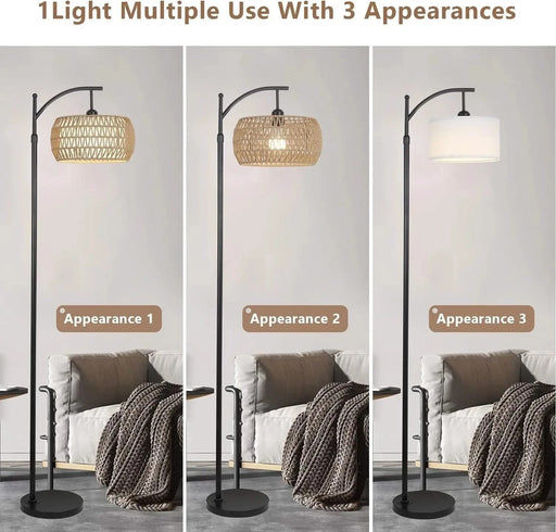 Arc Floor Lamp with Remote Control, Dimmable LED Floor Lamp with 3 Color Temperature, Black Standing Lamp with Rattan & Fabric Double Drum Shade, Boho Farmhouse Tall Pole Lamp for Living Room Bedroom Default -DTYStore