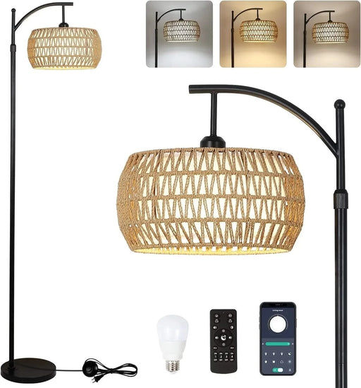 Arc Floor Lamp with Remote Control, Dimmable LED Floor Lamp with 3 Color Temperature, Black Standing Lamp with Rattan & Fabric Double Drum Shade, Boho Farmhouse Tall Pole Lamp for Living Room Bedroom Default -DTYStore