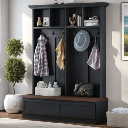 [Assembly Video] Farmhouse 4-in-1 Hall Tree with Wood Grain Bench, Mudroom Versatile Coat Rack with 2 Large Drawer, Entrance Organizer for Hallway, Living Room, Black, 55.9'W (Same as N721P205660) Default -DTYStore