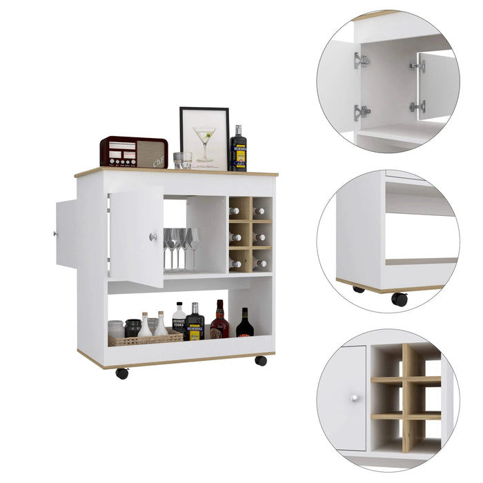 Bar Cart Aloha, Lower Panel, Six Bottle Cubbies, One Cabinet, Light Oak / White Finish Default -DTYStore