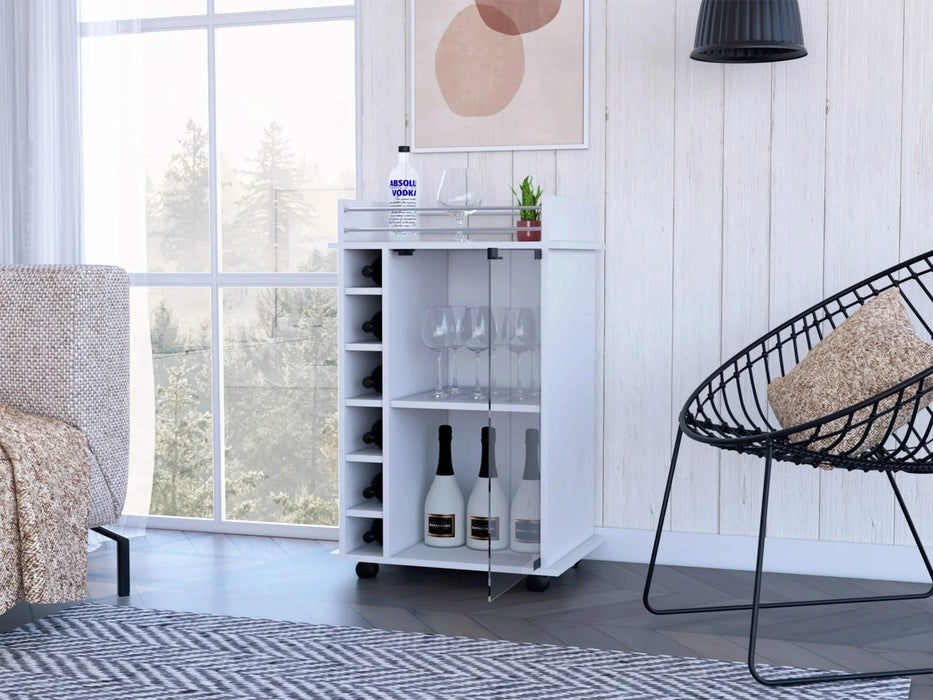 Bar Cart Baltimore, Six Wine Cubbies, Glass Door, Four Caster, Two Shelves, White Finish Default -DTYStore