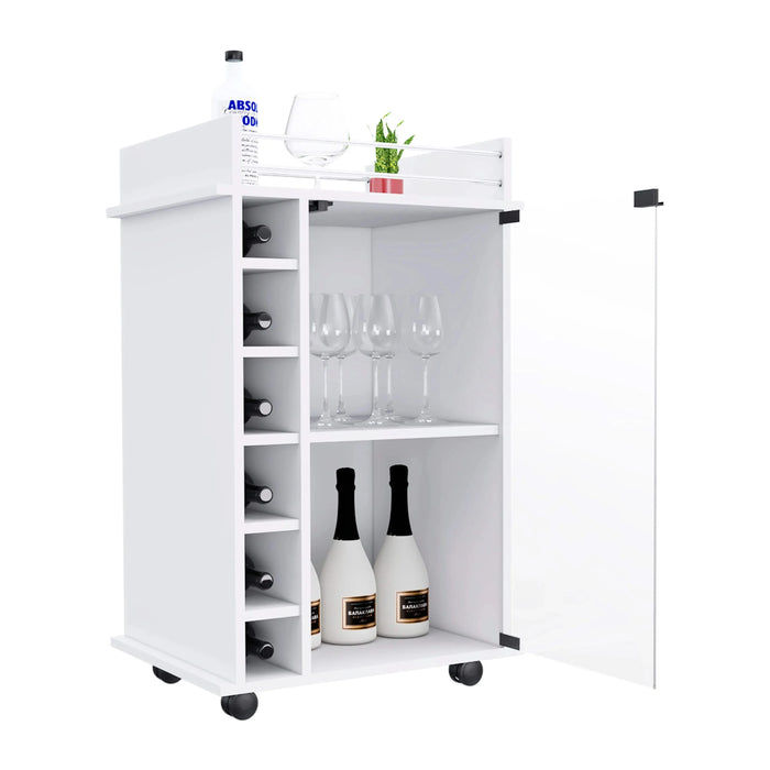 Bar Cart Baltimore, Six Wine Cubbies, Glass Door, Four Caster, Two Shelves, White Finish Default -DTYStore