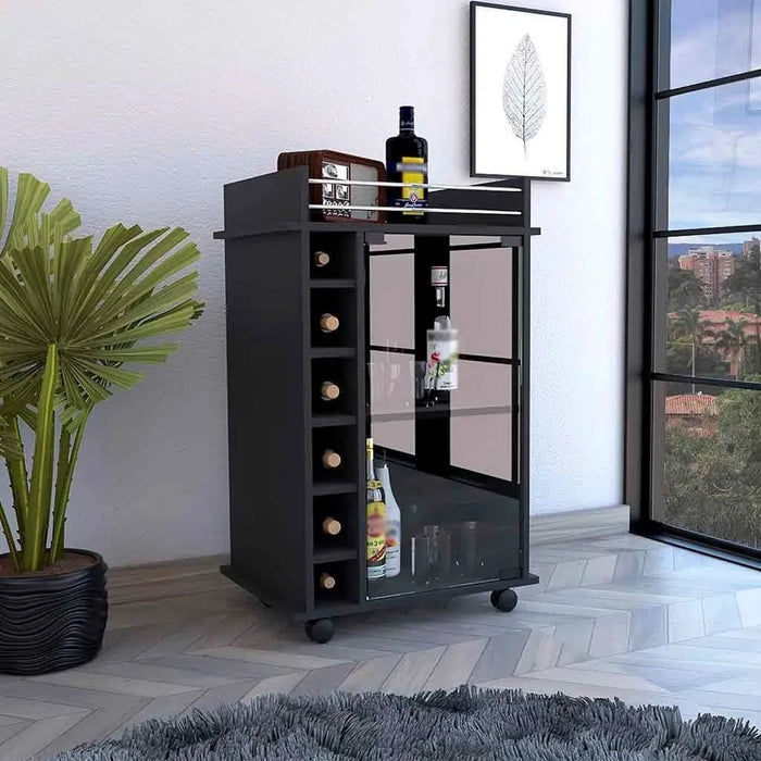 Bar Cart Baltimore, Two Tier Cabinet With Glass Door, Six Wine Cubbies, Black Wengue Finish Default -DTYStore