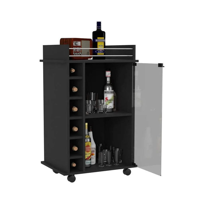 Bar Cart Baltimore, Two Tier Cabinet With Glass Door, Six Wine Cubbies, Black Wengue Finish Default -DTYStore