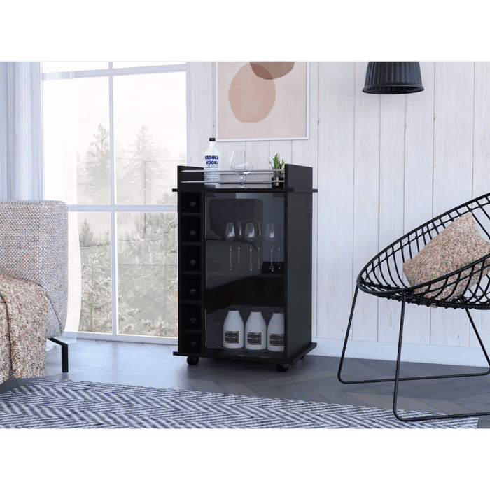 Bar Cart, Glass Door, Four Casters, Two Shelves, Black Default -DTYStore