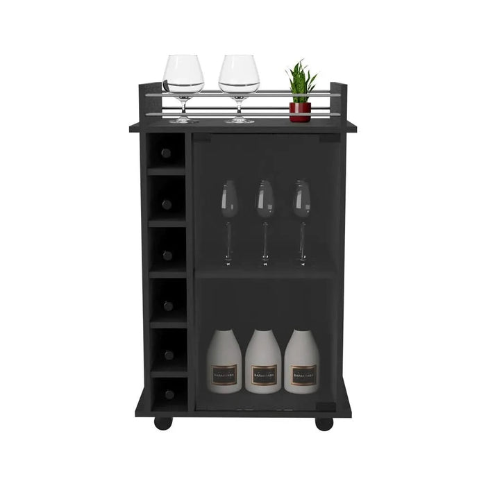 Bar Cart, Glass Door, Four Casters, Two Shelves, Black Default -DTYStore