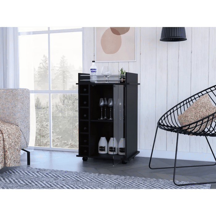 Bar Cart, Glass Door, Four Casters, Two Shelves, Black Default -DTYStore