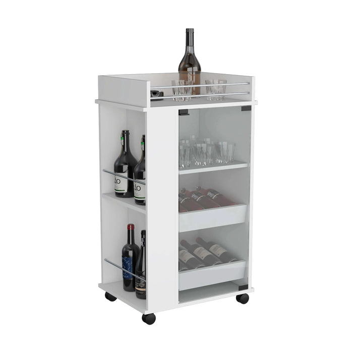 Bar Cart with Glass Door, 2-Side Shelves and Casters, White Default -DTYStore
