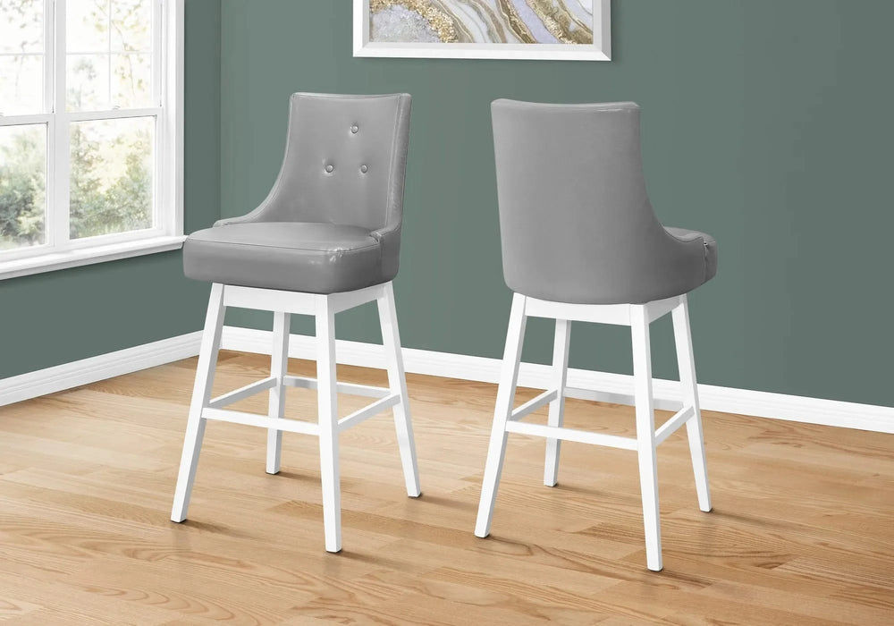Bar Stool, Set Of 2, Swivel, Bar Height, White Wood, Grey Leather Look, Transitional Default -DTYStore
